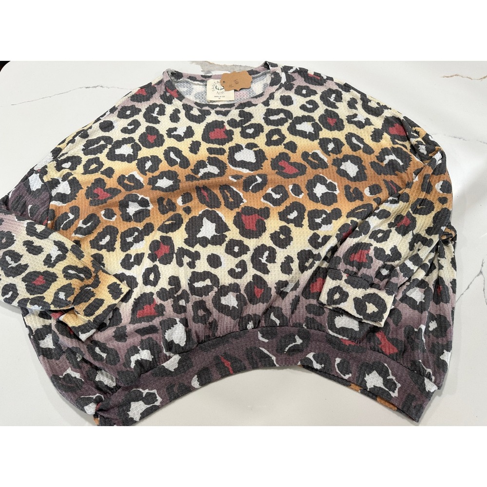 Fantastic Fawn‎ Leopard Print Waffle Knit Shirt Brown Gray Medium